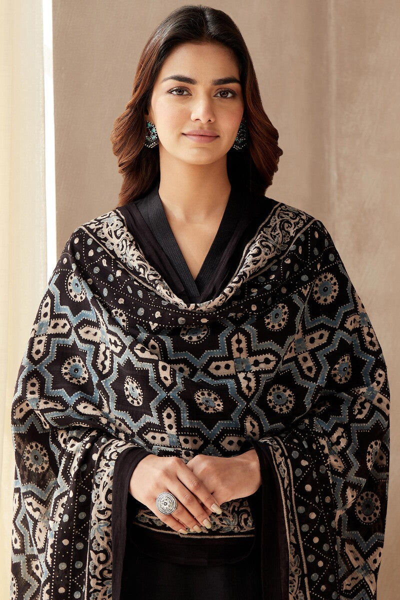 ajrak dupatta with black dress Ajrak Applic Work With Ajrak Dupatta Handmade Unstitched 3PC Dress