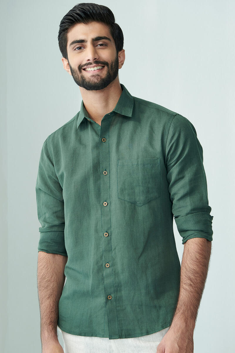 Buy Green Handcrafted Cotton Linen Shirt for Men | FGMNS22-65