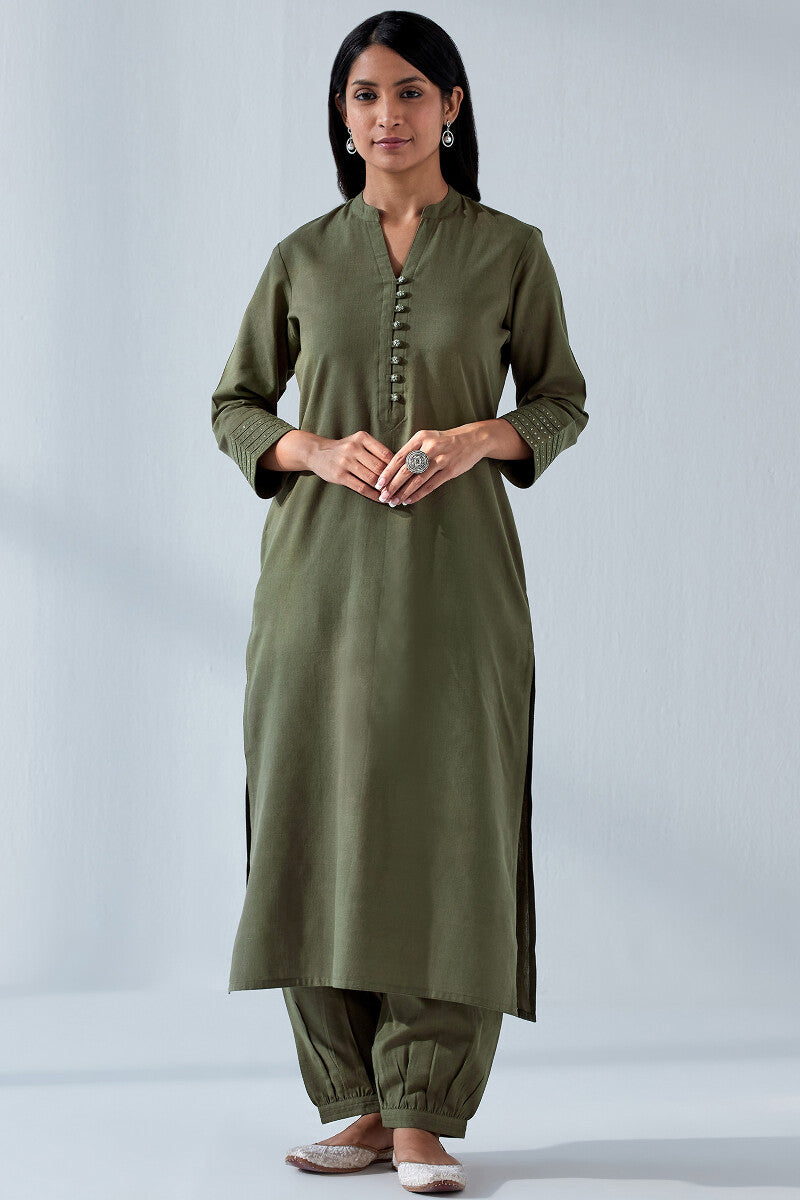 Nasrine Rehmat Olive Green Handloom Kurta