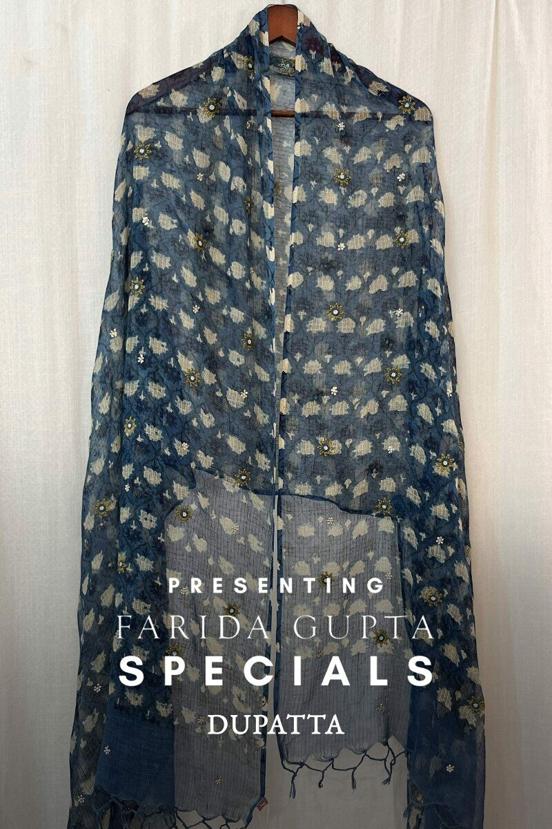 Blue Embroidered Kota Dupatta