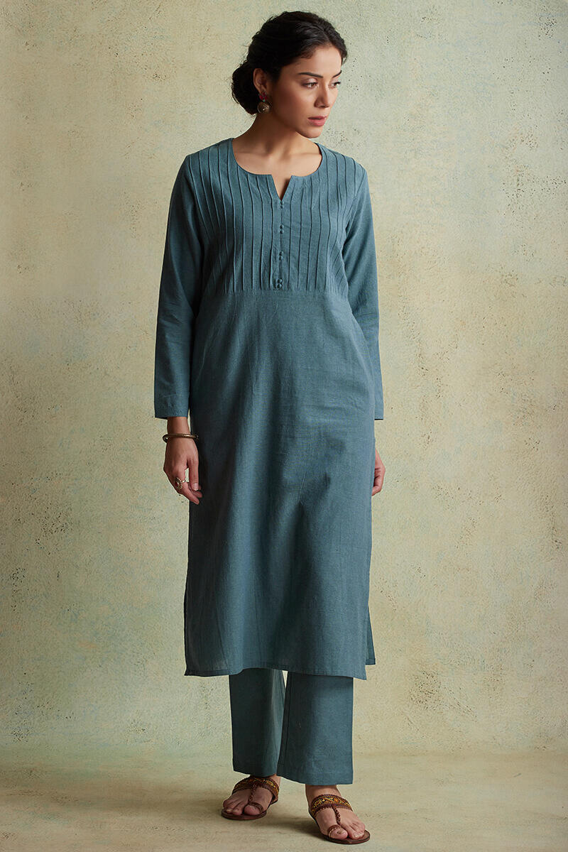 Roza Nihad Slate Blue Handloom Kurta