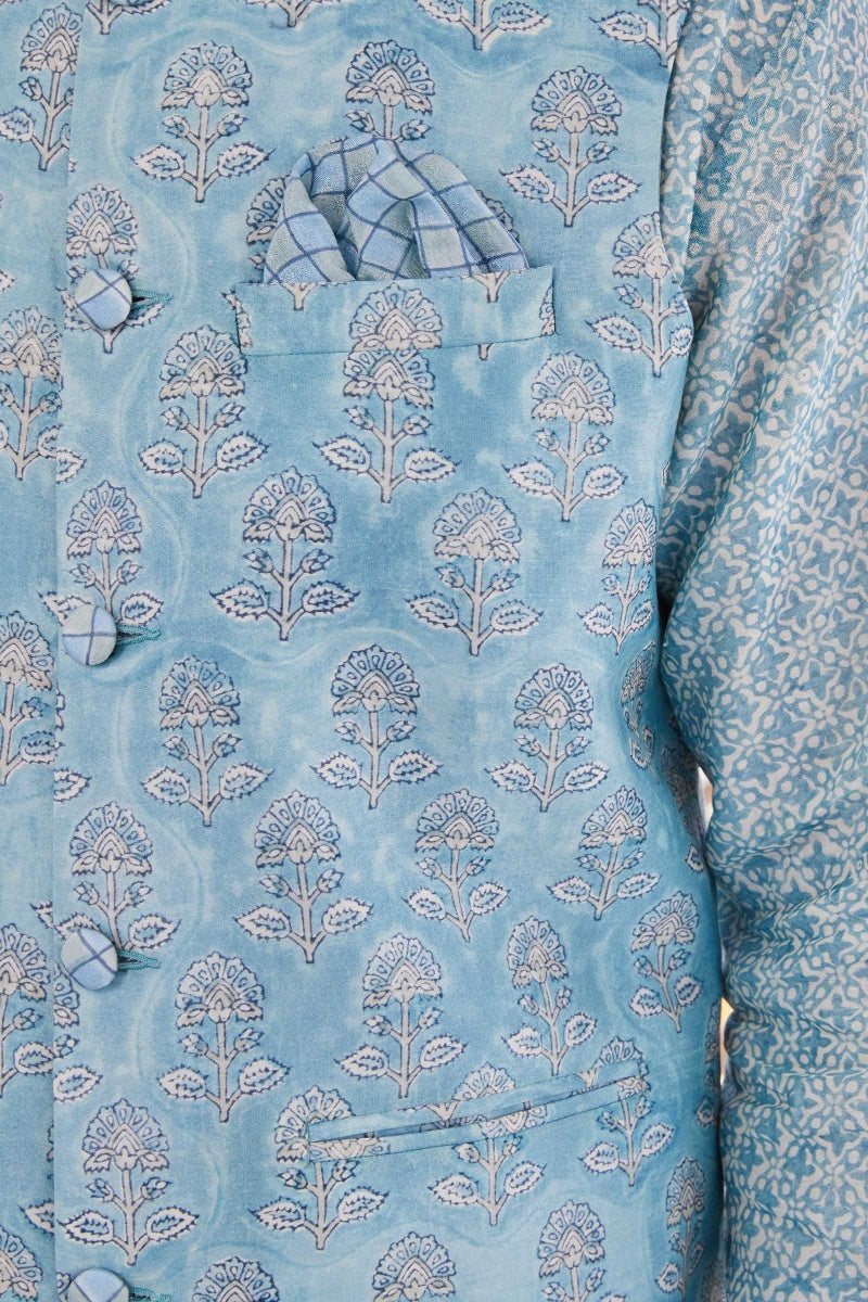 Ruzain Chanderi Block Printed Nehru Jacket