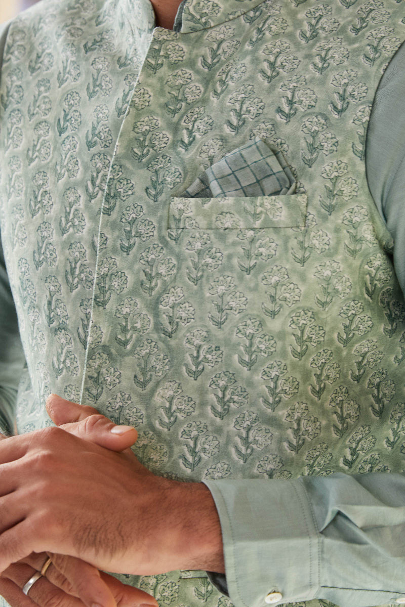 Firoz Chanderi Block Printed Nehru Jacket