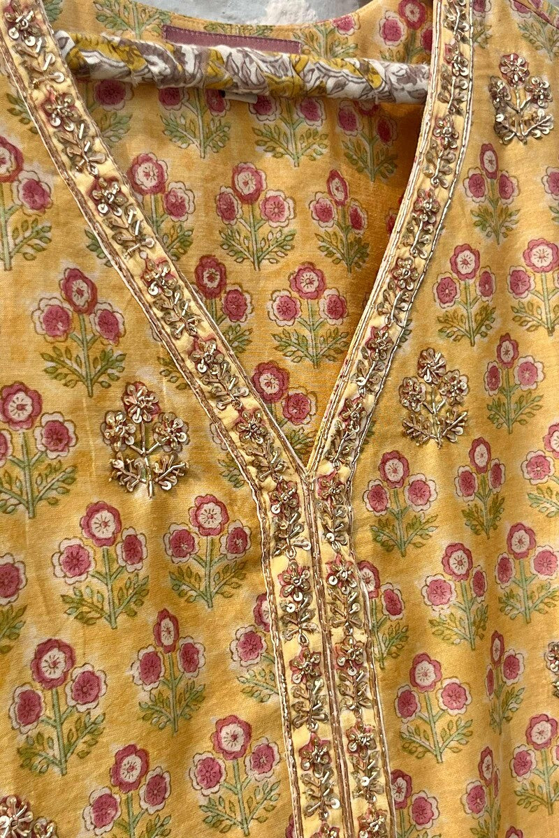 FG Specials: 1 of 1- Yellow Hand Block-Printed Chanderi Kurta Set- Medium Size