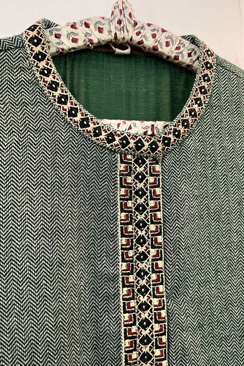 FG Specials: 1 of 1- Green Handcrafted Straight Faux Wool Kurta- Size M