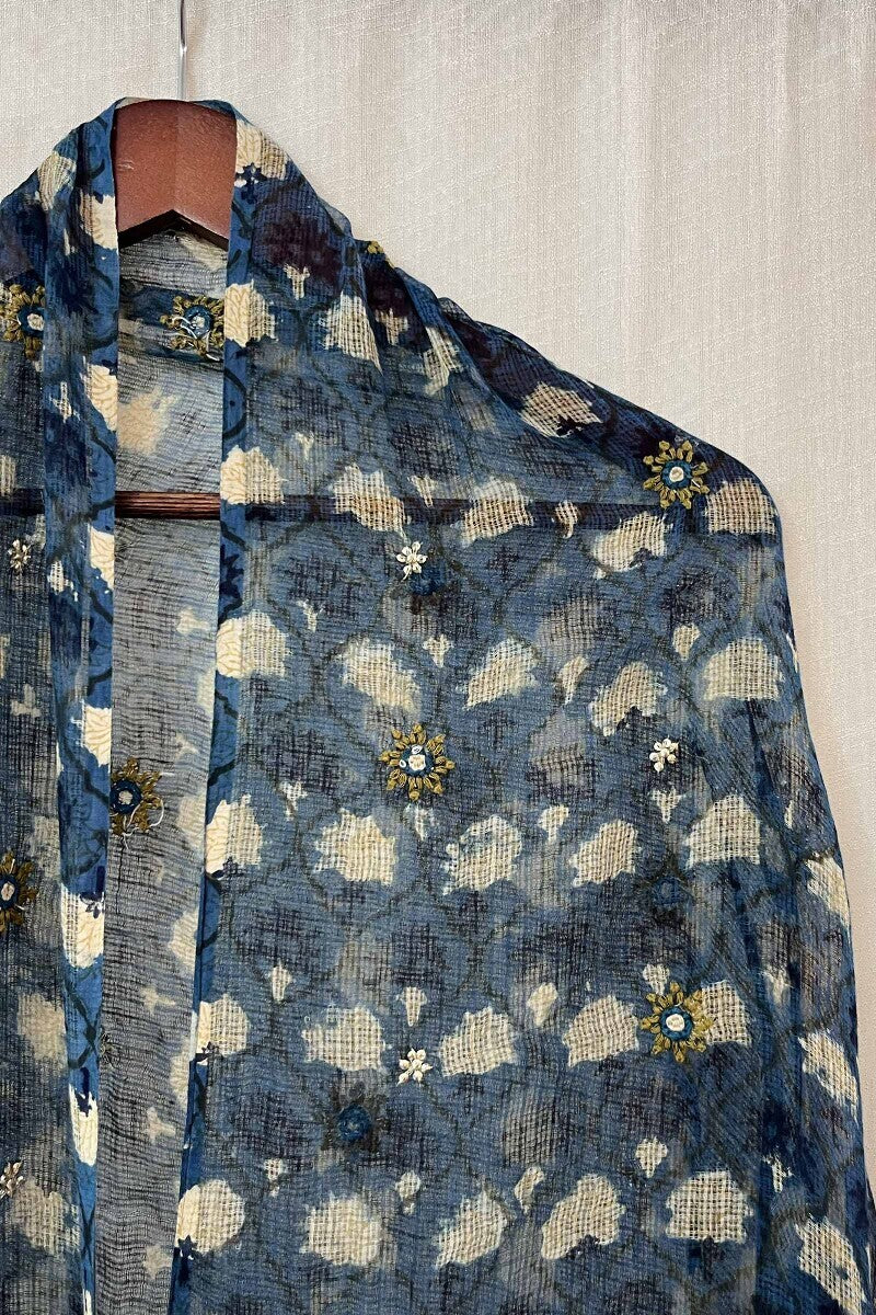 Blue Embroidered Kota Dupatta