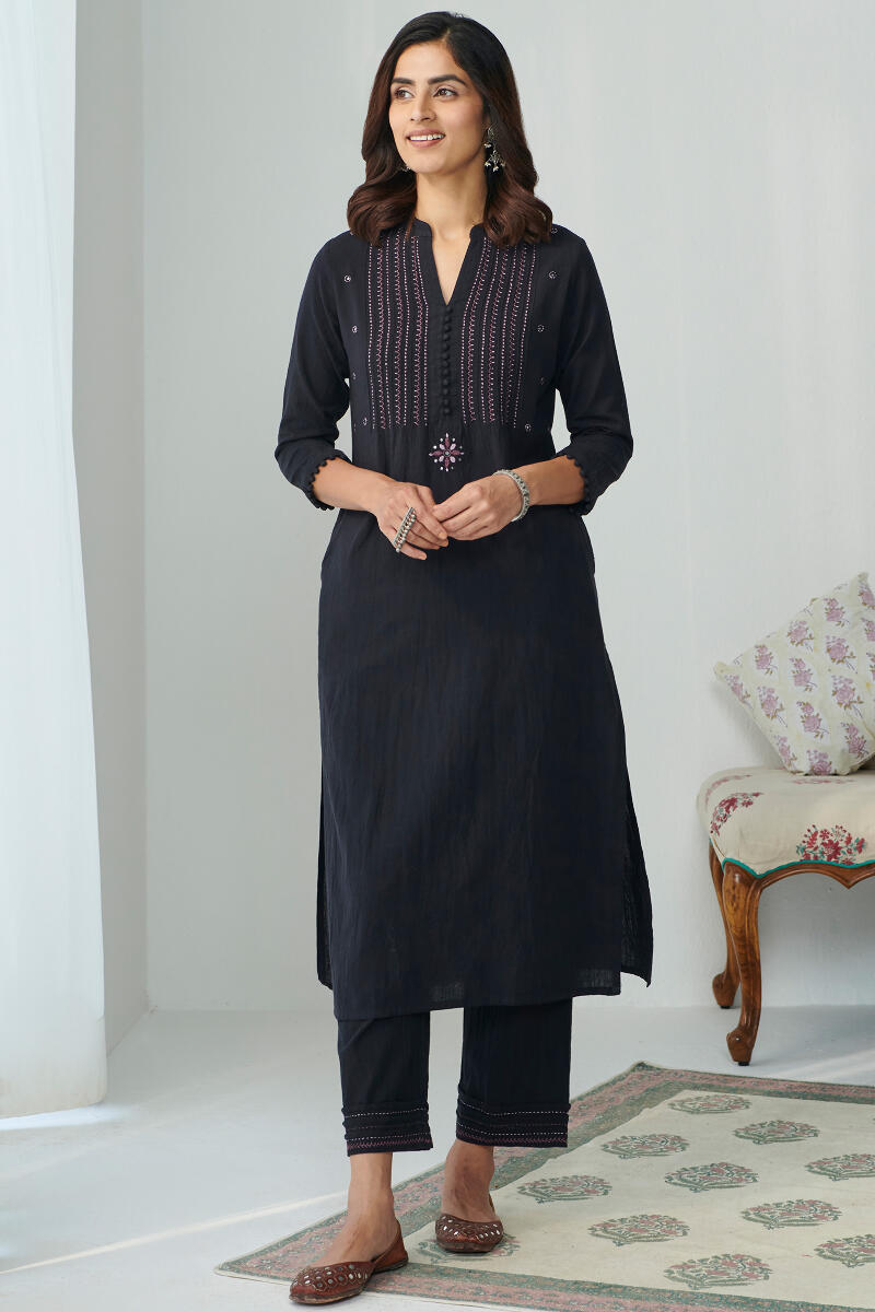 Kashida Black Handloom Kurta