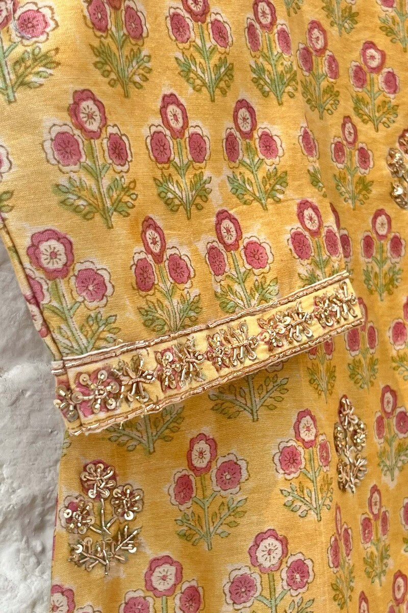 FG Specials: 1 of 1- Yellow Hand Block-Printed Chanderi Kurta Set- Medium Size