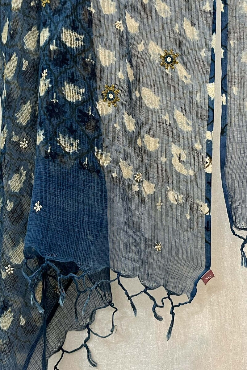 Blue Embroidered Kota Dupatta