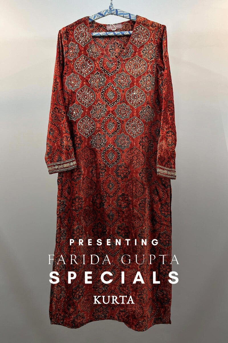 FG Specials: 1 of 1- Red Ajrak Hand Block Printed Straight Cotton Kurta- Size XS
