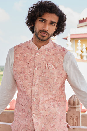 Safar Chanderi Block Printed Nehru Jacket