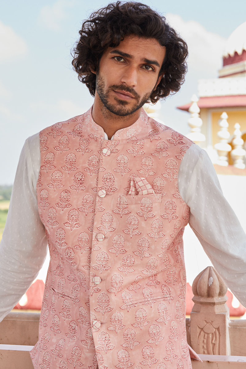 Safar Chanderi Block Printed Nehru Jacket