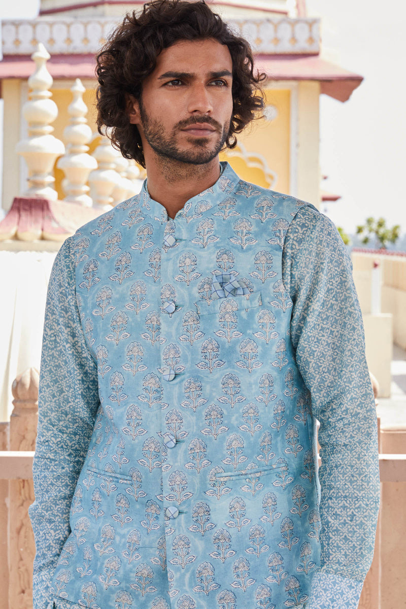 Ruzain Chanderi Block Printed Nehru Jacket