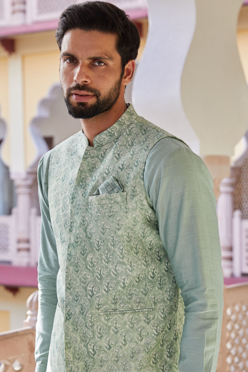 Firoz Chanderi Block Printed Nehru Jacket