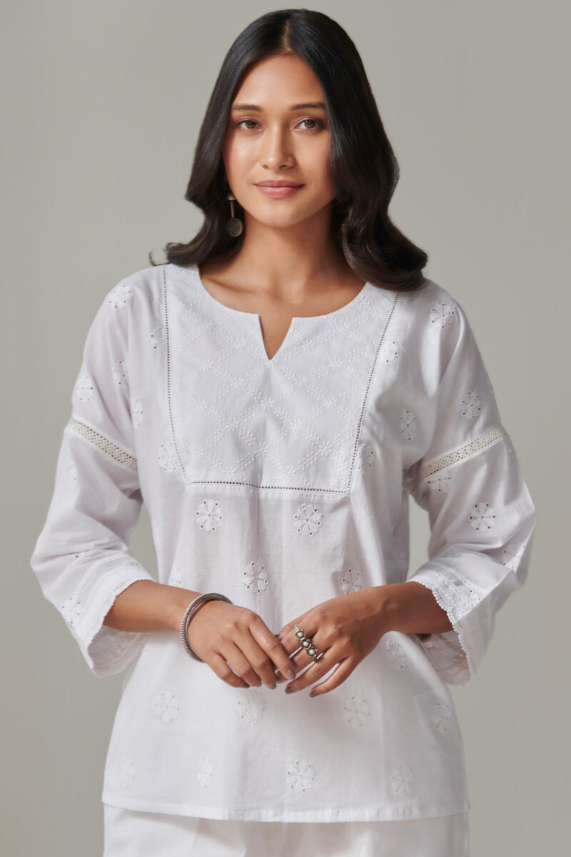 Raahat Shaheen White Schiffli Loungewear Set