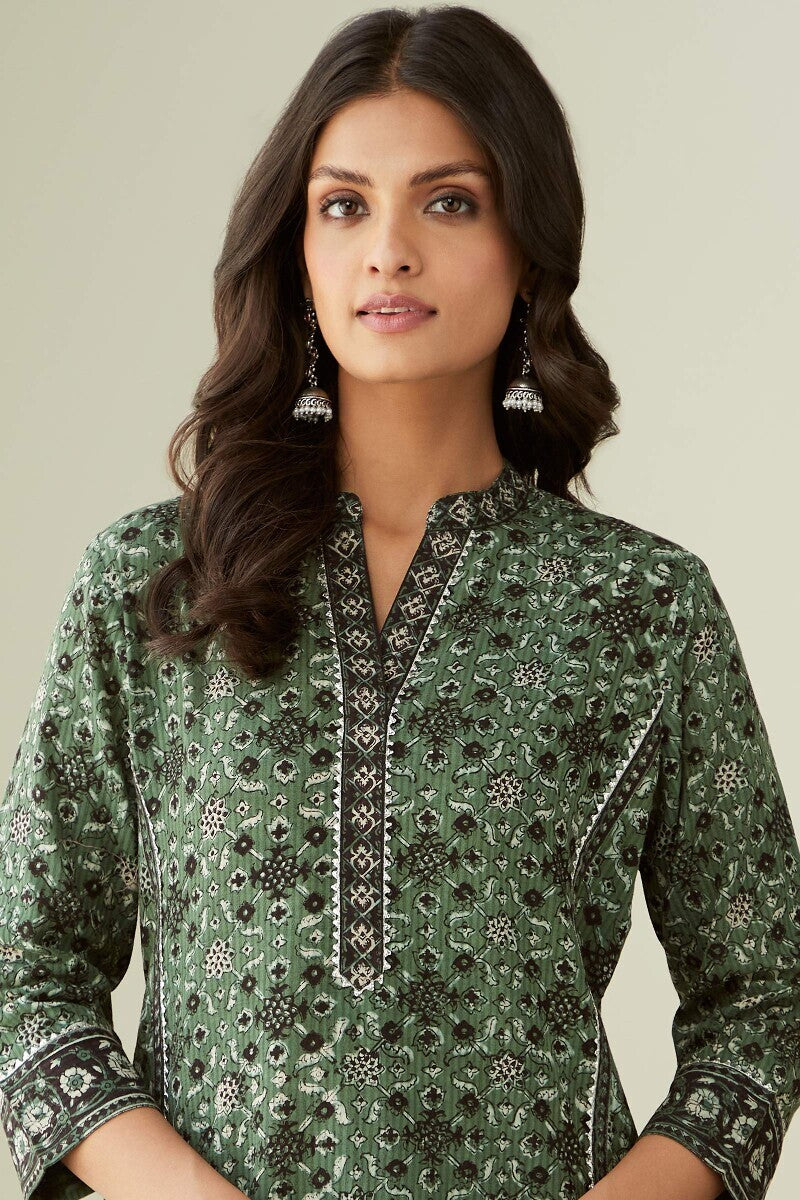 Buy Bagru Hand Block-Printed Straight Cotton Dobby Kurta for Women ...