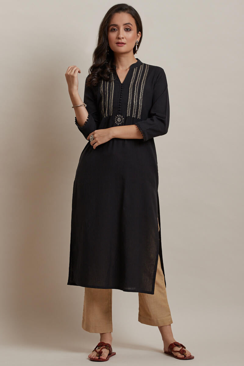 Kashida Black Kurta