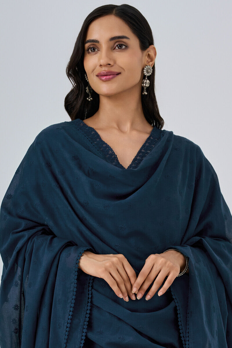 Roza Aafiyah Navy Blue Schiffli Dupatta