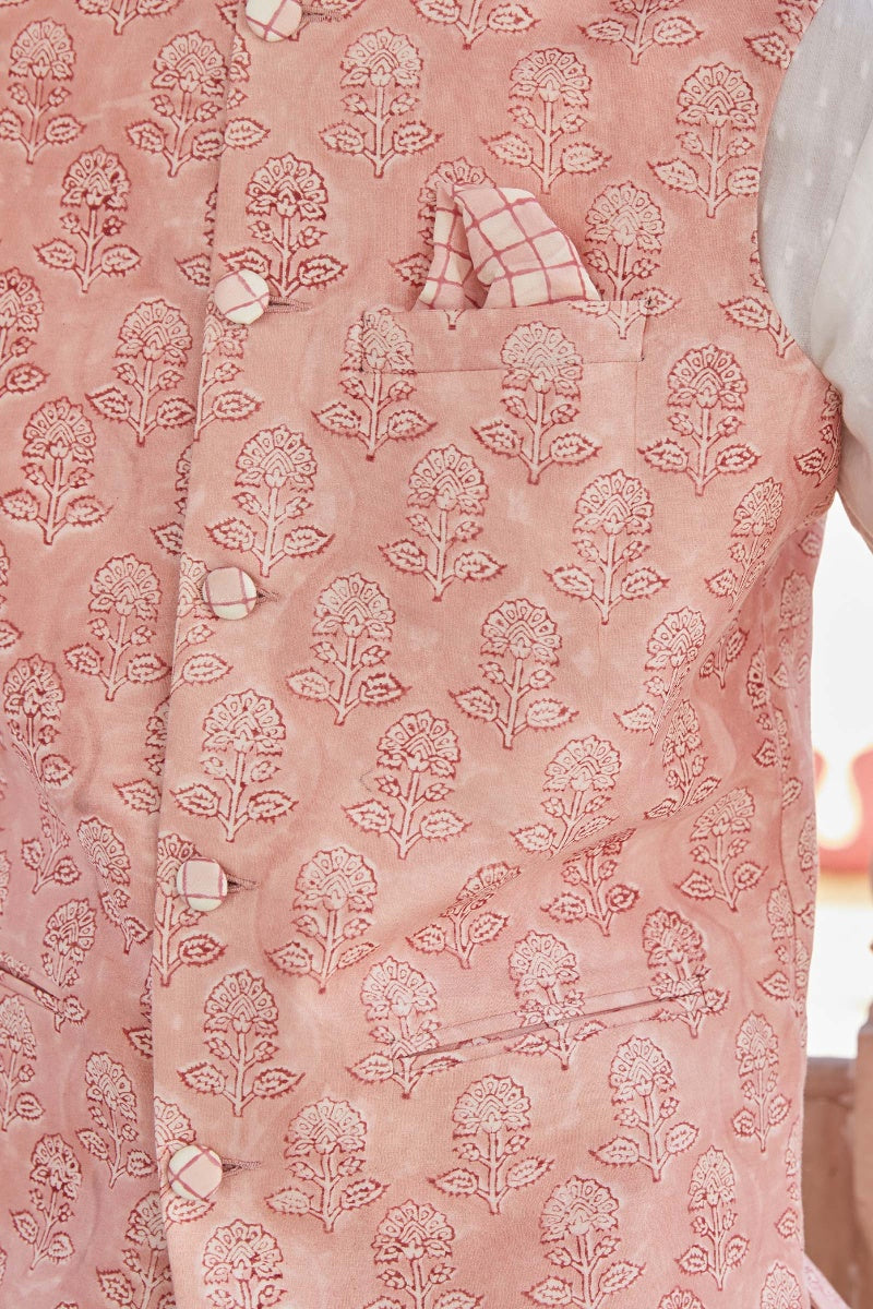 Safar Chanderi Block Printed Nehru Jacket