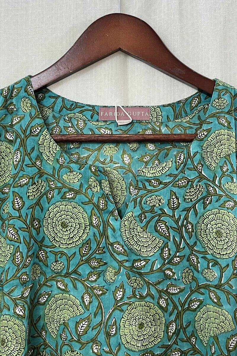 Turquoise Hand Block-Printed Kaftan