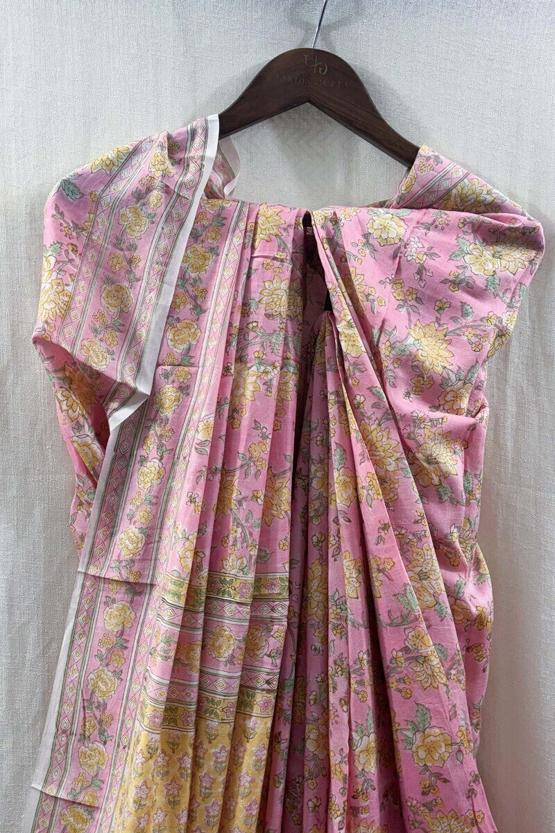 Pink Hand Block-Printed Saree