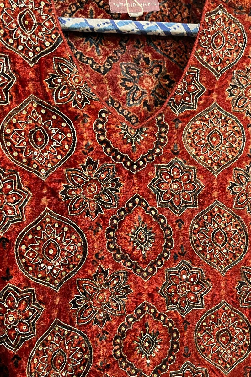 FG Specials: 1 of 1- Red Ajrak Hand Block Printed Straight Cotton Kurta- Size XS
