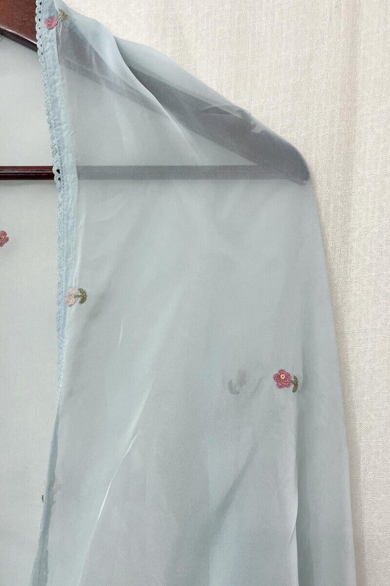 Blue Plain Embroidered Dupatta