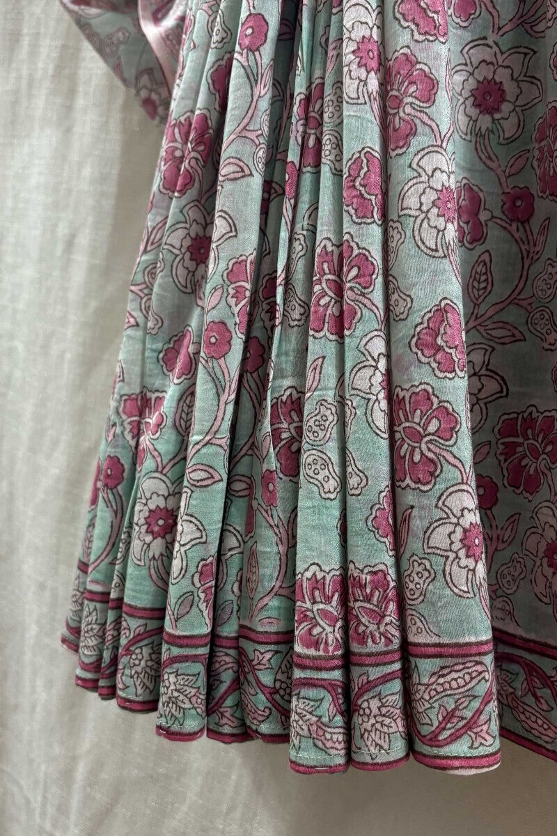 Blue Hand Block-Printed Saree