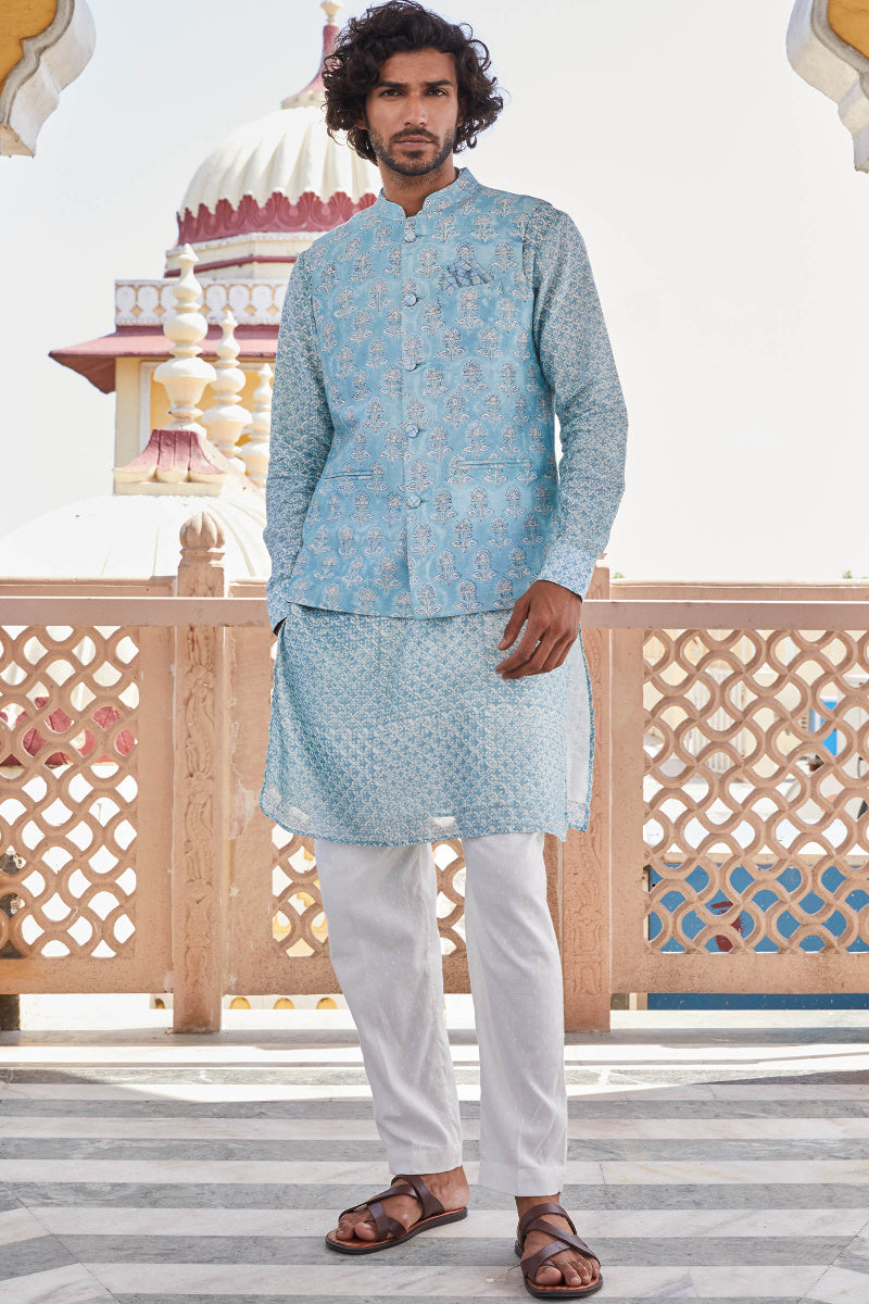 Ruzain Chanderi Block Printed Nehru Jacket