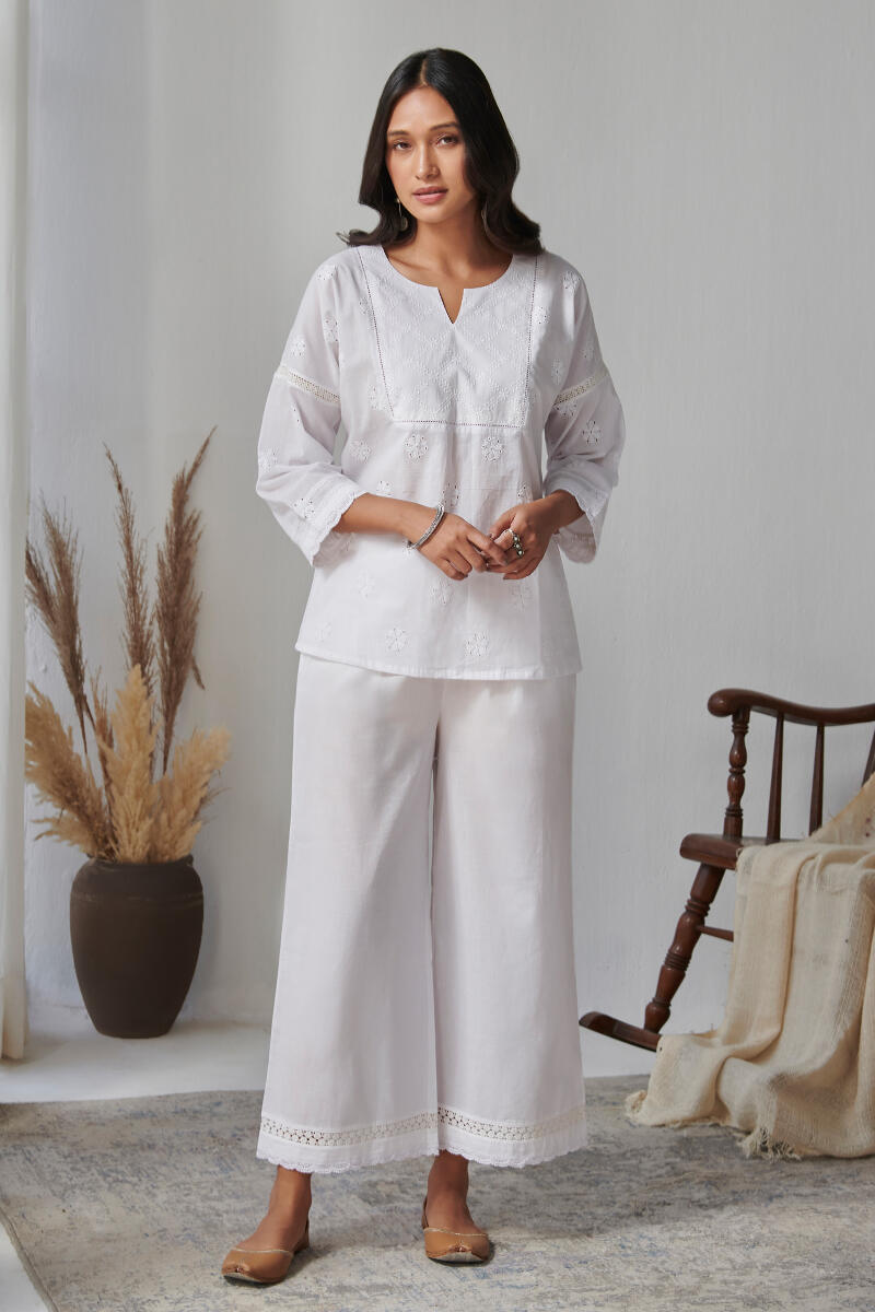 Raahat Shaheen White Schiffli Loungewear Set