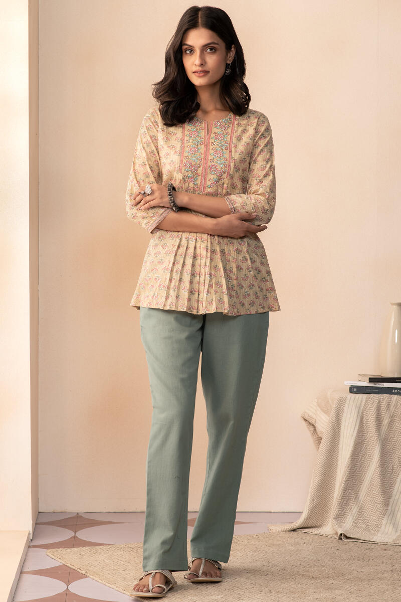 Roza Maya Green Cotton Flax Pants