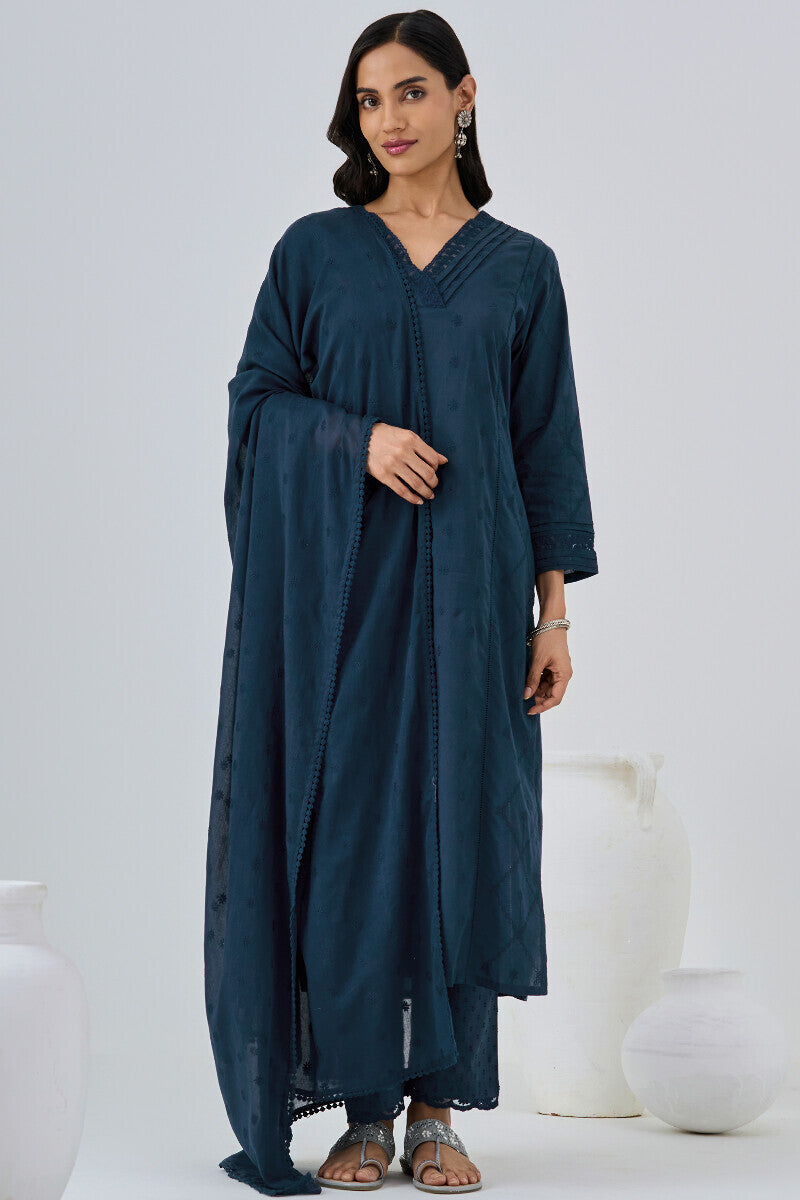 Roza Aafiyah Navy Blue Schiffli Dupatta