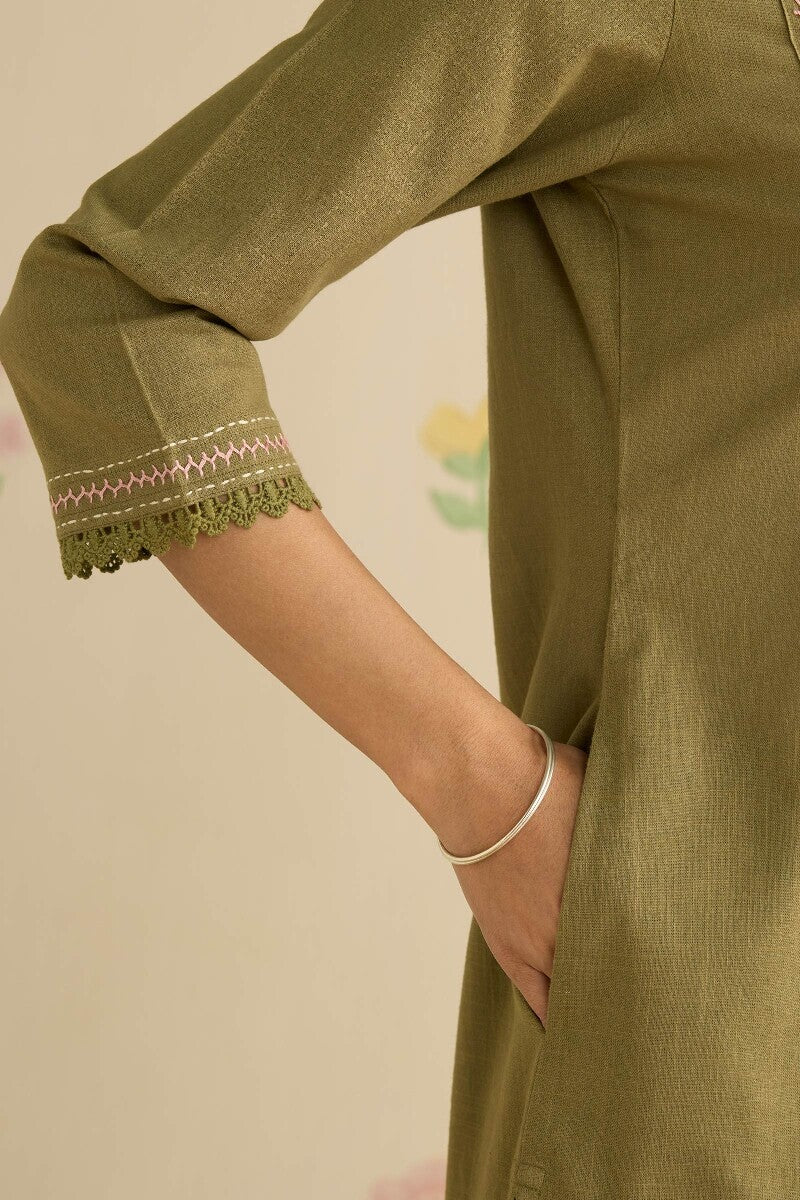 Kashida Kiara Olive Green Kurta