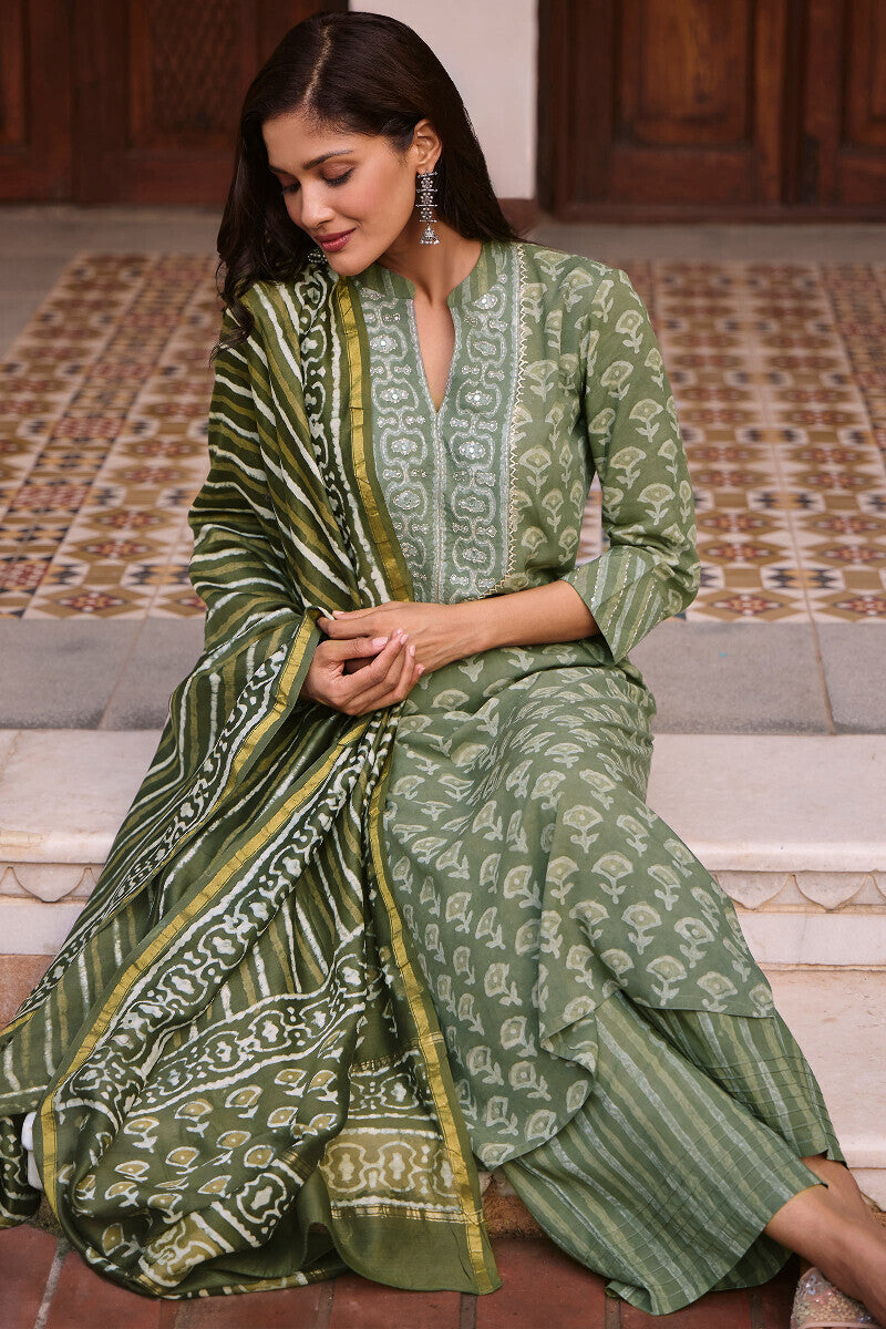 Sehra Zarah Green Dabu Chanderi Dupatta