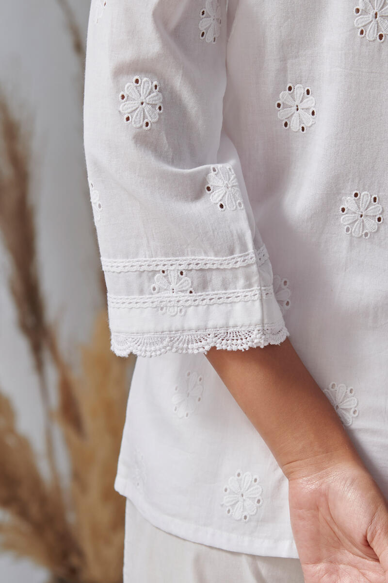 Raahat Shaheen White Schiffli Loungewear Set