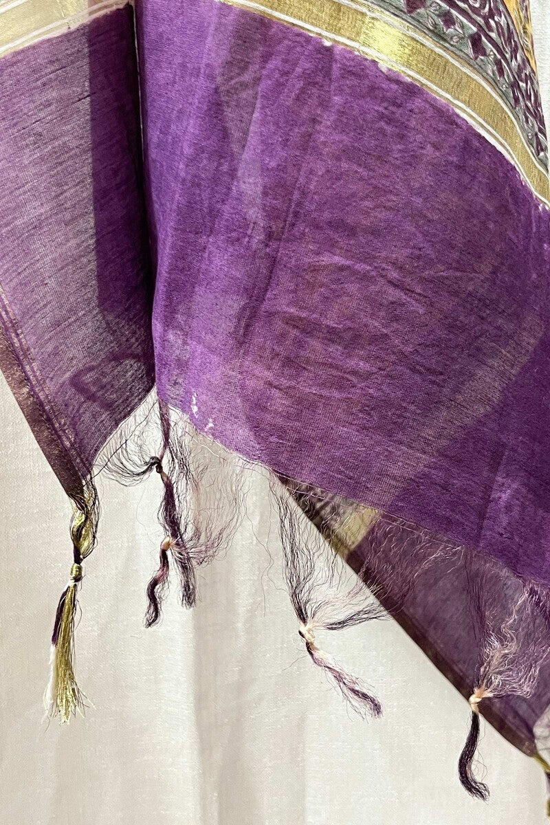 Purple Sanganeri Cotton Silk Dupatta