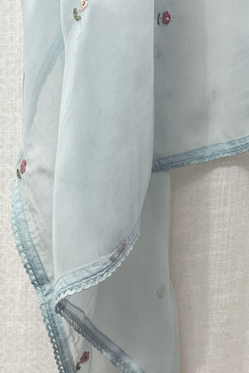 Blue Plain Embroidered Dupatta