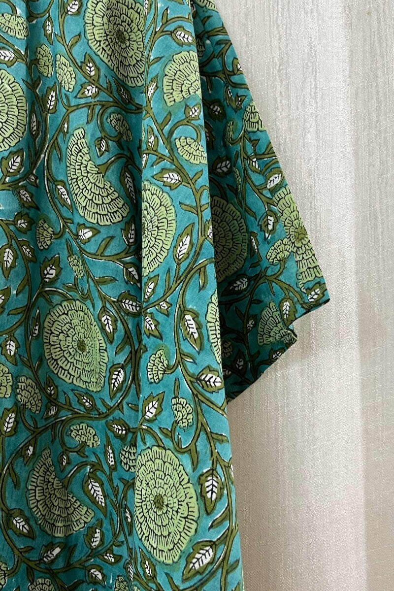 Turquoise Hand Block-Printed Kaftan