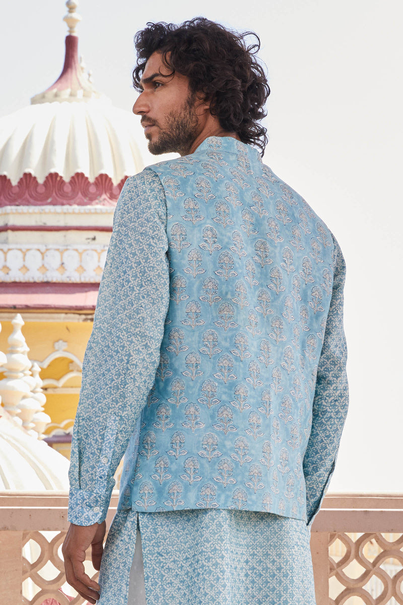 Ruzain Chanderi Block Printed Nehru Jacket