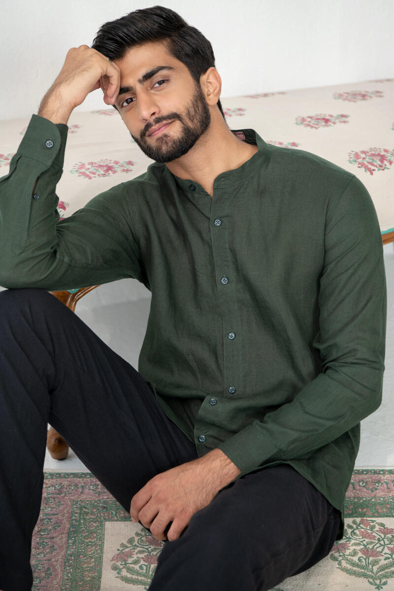 Zaid Dark Green Linen Shirt