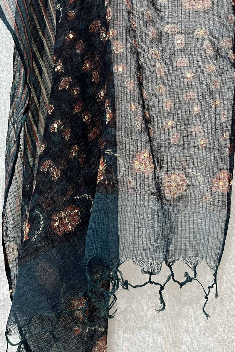 Green Hand Block-Printed Embroidered Dupatta