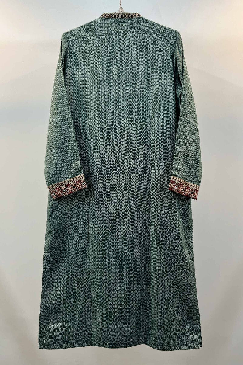 FG Specials: 1 of 1- Green Handcrafted Straight Faux Wool Kurta- Size M