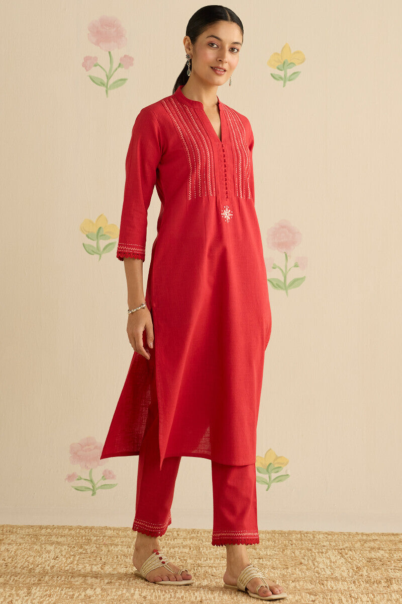 Kashida Kiara Red Kurta