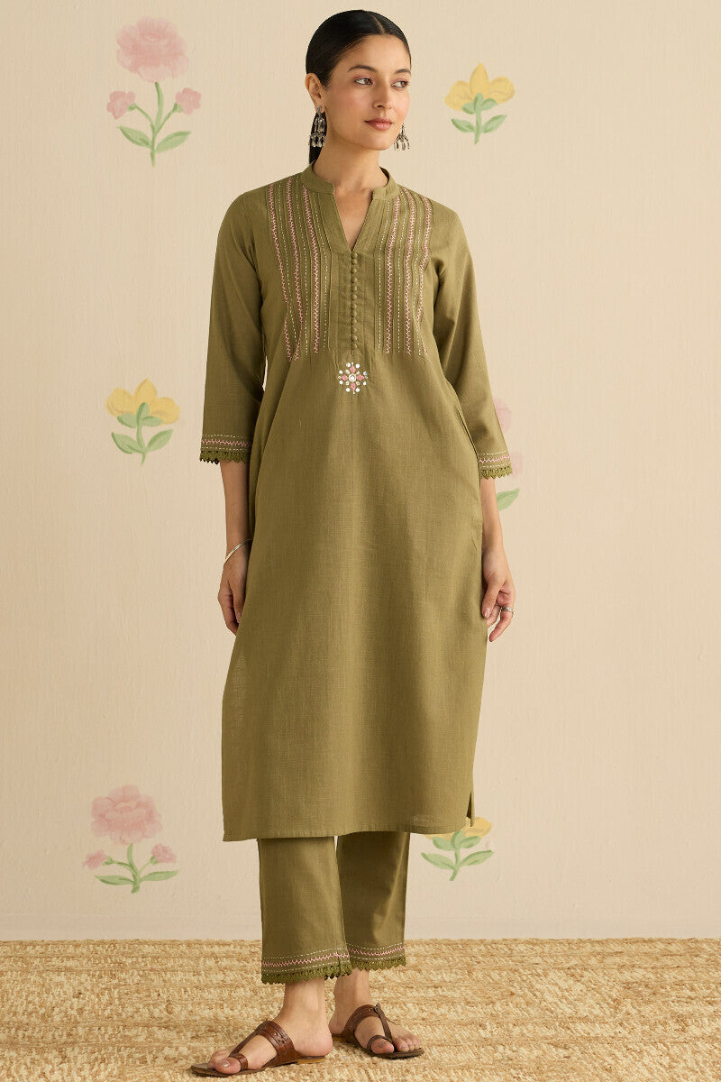 Kashida Kiara Olive Green Kurta