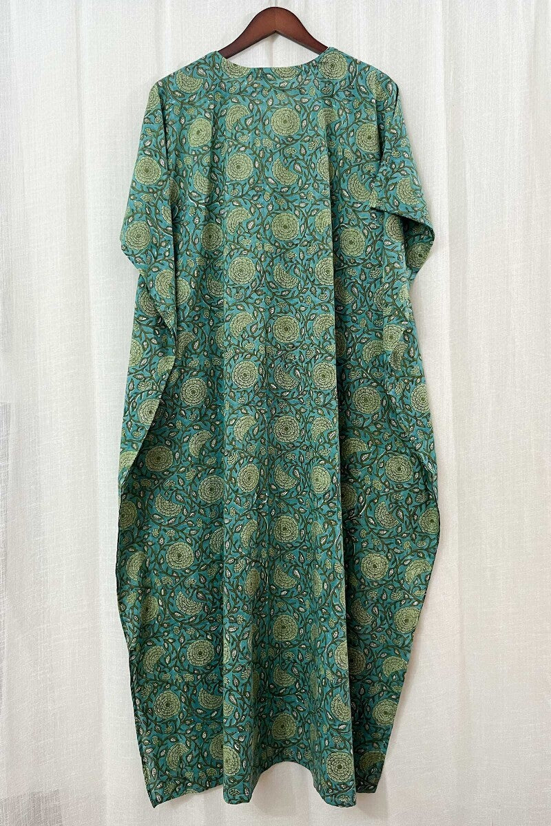 Turquoise Hand Block-Printed Kaftan