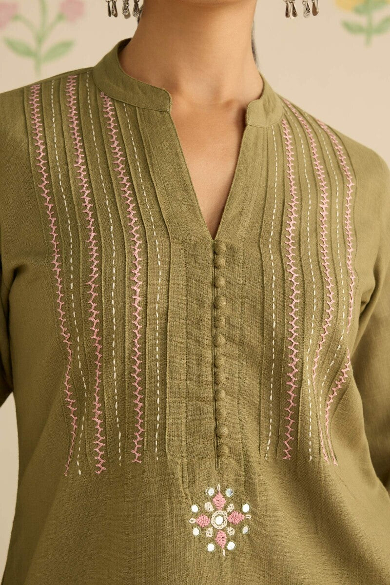 Kashida Kiara Olive Green Kurta