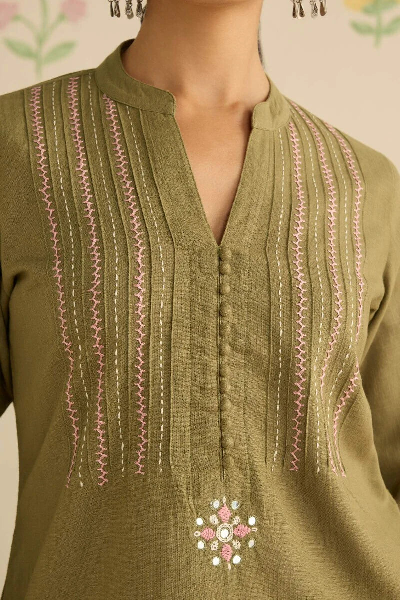Surplus: Kashida Kiara Olive Green Kurta