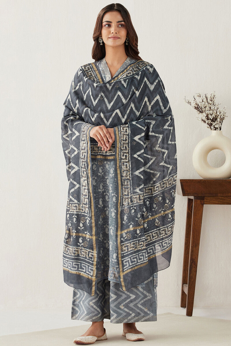 Sehra Zarah Grey Dabu Chanderi Dupatta