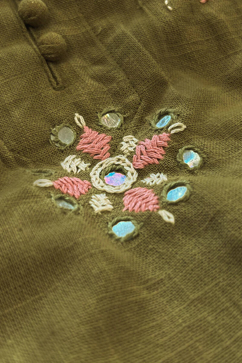 Surplus: Kashida Kiara Olive Green Kurta