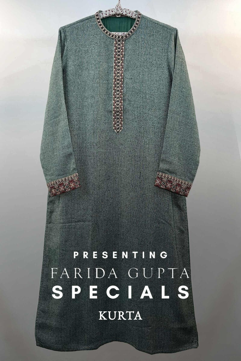 FG Specials: 1 of 1- Green Handcrafted Straight Faux Wool Kurta- Size M